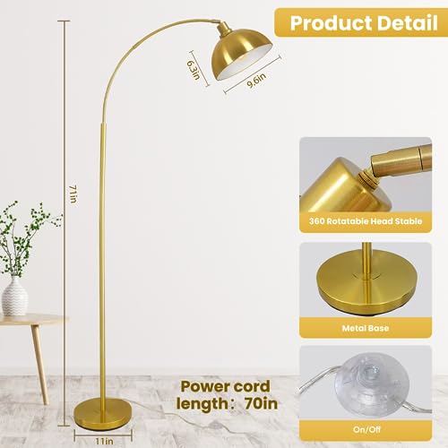 Modern Gold Arc Floor Lamp with Adjustable Dome Shade