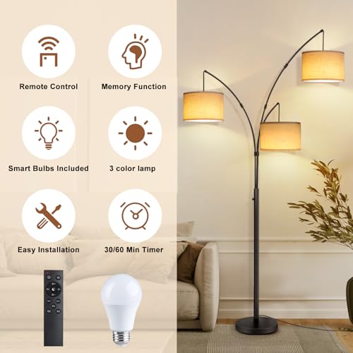 Remote Control Dimmable Arc Floor Lamp, 3 Color Temperatures