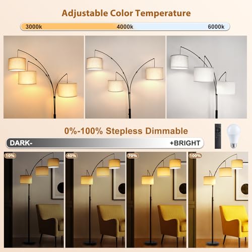 Remote Control Dimmable Arc Floor Lamp, 3 Color Temperatures