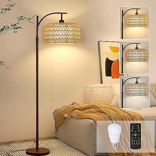 Rattan Boho Arc Floor Lamp with Remote Control