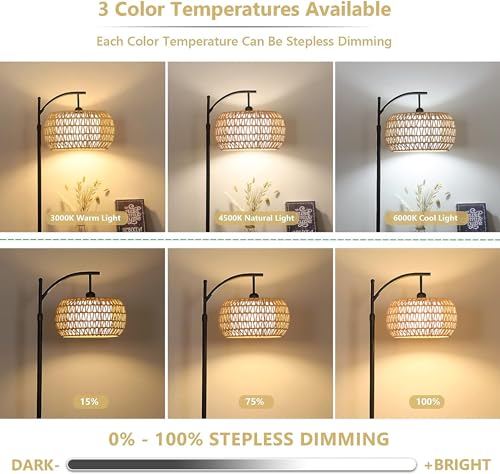 Rattan Boho Arc Floor Lamp with Remote Control