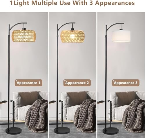 Rattan Boho Arc Floor Lamp with Remote Control