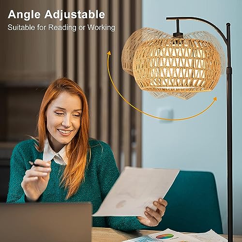 Rattan Boho Arc Floor Lamp with Remote Control