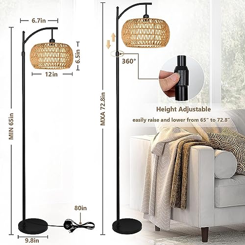 Rattan Boho Arc Floor Lamp with Remote Control
