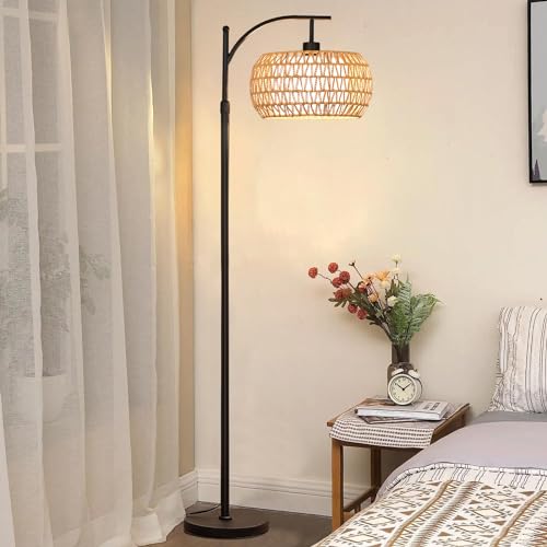 Rattan Boho Arc Floor Lamp with Remote Control