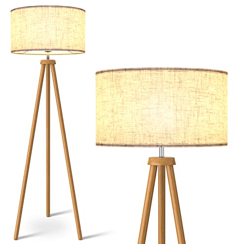 LEPOWER Wood Tripod Floor Lamp with Flaxen Shade