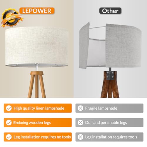 LEPOWER Wood Tripod Floor Lamp with Flaxen Shade