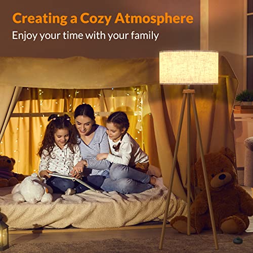 LEPOWER Wood Tripod Floor Lamp with Flaxen Shade