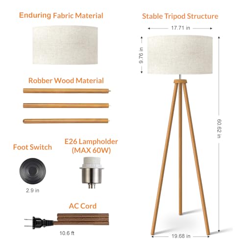 LEPOWER Wood Tripod Floor Lamp with Flaxen Shade