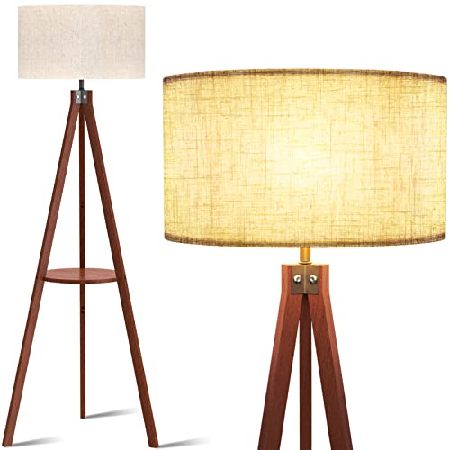 LEPOWER Tripod Wood Shelf Floor Lamp, Flaxen Shade