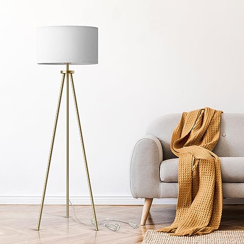 Modern Tripod Floor Lamp with Drum Shade - Brass