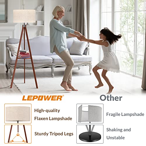 LEPOWER Tripod Wood Shelf Floor Lamp, Flaxen Shade