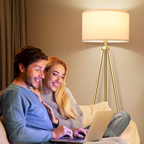 Modern Tripod Floor Lamp with Drum Shade - Brass
