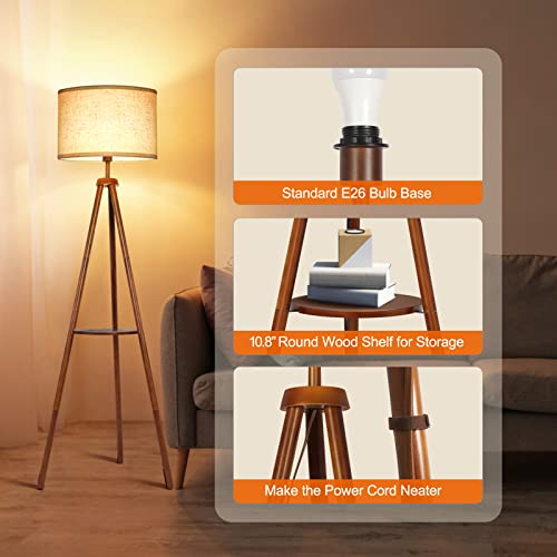 Mid Century Wood Tripod Floor Lamp with Shelves