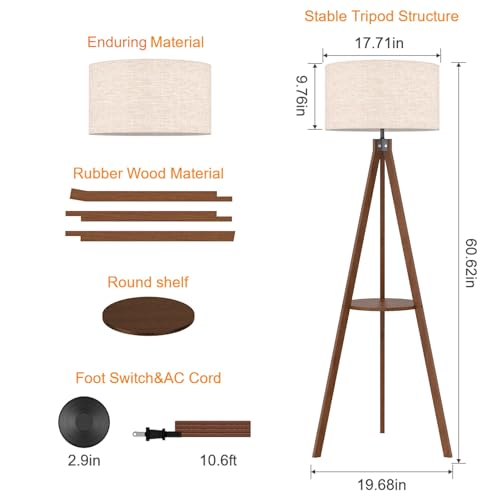 LEPOWER Tripod Wood Shelf Floor Lamp, Flaxen Shade