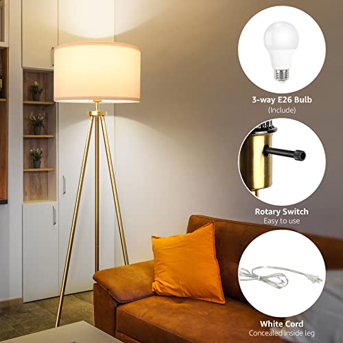 Modern Tripod Floor Lamp with Drum Shade - Brass