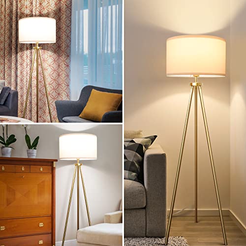 Modern Tripod Floor Lamp with Drum Shade - Brass