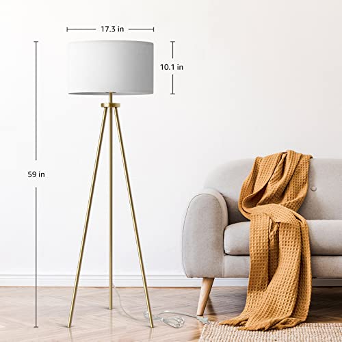 Modern Tripod Floor Lamp with Drum Shade - Brass