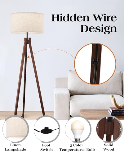 ELYONA Wood Tripod Floor Lamp, 3 Color Temperatures