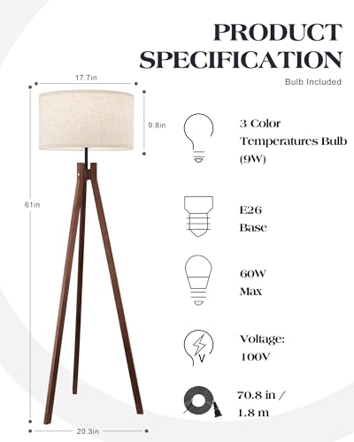 ELYONA Wood Tripod Floor Lamp, 3 Color Temperatures