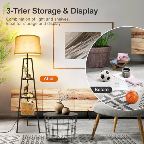 OUTON Tripod Floor Lamp with Shelves, 3 Color Temperatures