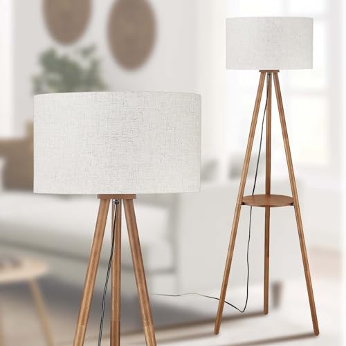 Boho Wooden Tripod Floor Lamp with Shelves & Bulb