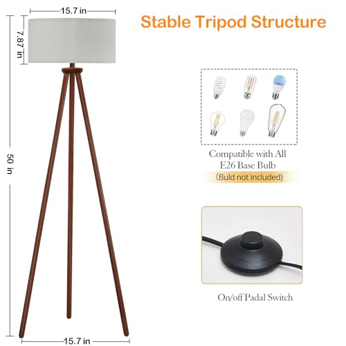 YUNHONG Dimmable Tripod Floor Lamp with Flaxen Shade