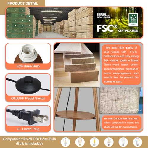 Boho Wooden Tripod Floor Lamp with Shelves & Bulb