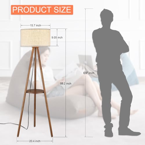 Boho Wooden Tripod Floor Lamp with Shelves & Bulb