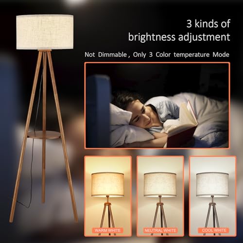 Boho Wooden Tripod Floor Lamp with Shelves & Bulb