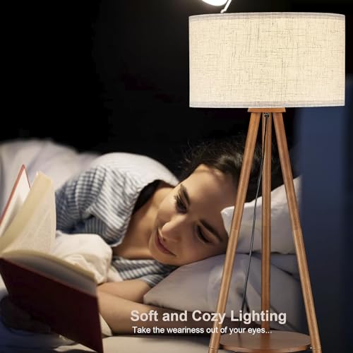 Boho Wooden Tripod Floor Lamp with Shelves & Bulb