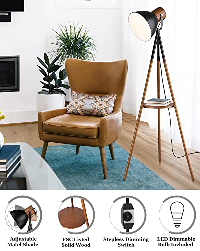 Modern Dimmable Floor Lamp with Table, Adjustable Metal Shade