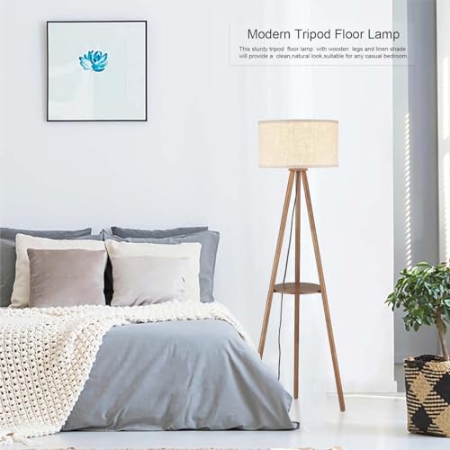 Boho Wooden Tripod Floor Lamp with Shelves & Bulb