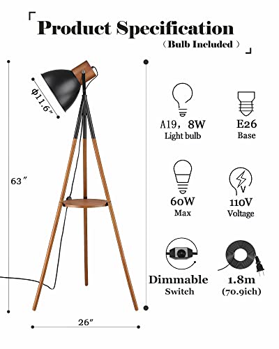 Modern Dimmable Floor Lamp with Table, Adjustable Metal Shade