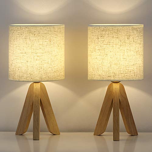 Wooden Tripod Nightstand Lamps Set of 2 - for Bedroom, Living Room, Office