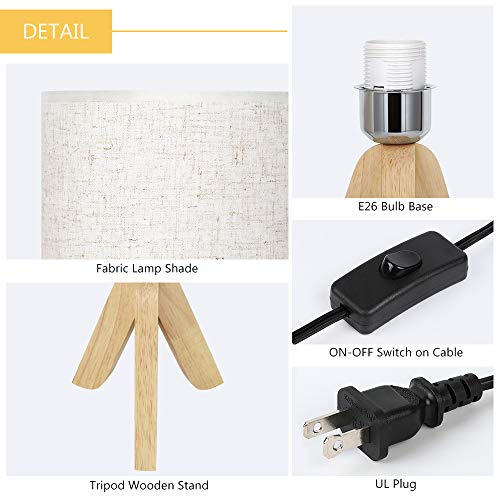 Wooden Tripod Nightstand Lamps Set of 2 - for Bedroom, Living Room, Office