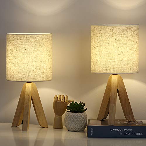 Wooden Tripod Nightstand Lamps Set of 2 - for Bedroom, Living Room, Office