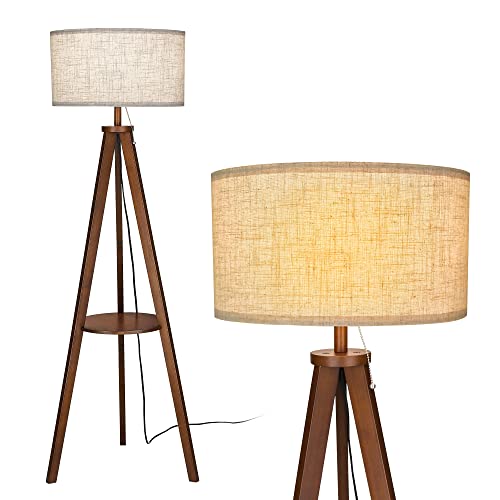 Solid Wood Tripod Floor Lamp with Table, Modern Brown