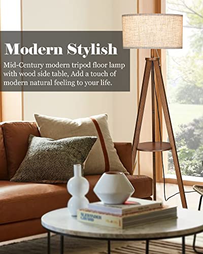Solid Wood Tripod Floor Lamp with Table, Modern Brown