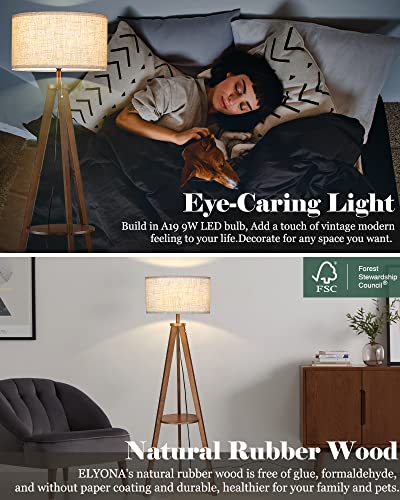 Solid Wood Tripod Floor Lamp with Table, Modern Brown