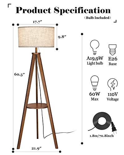 Solid Wood Tripod Floor Lamp with Table, Modern Brown