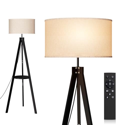 addlon Tripod Floor lamp with Remote, Standing Wood lamp with Shelf and mid Century design - Black