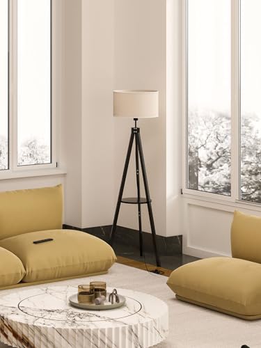 addlon Tripod Floor lamp with Remote, Standing Wood lamp with Shelf and mid Century design - Black