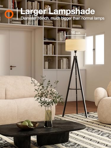 addlon Tripod Floor lamp with Remote, Standing Wood lamp with Shelf and mid Century design - Black