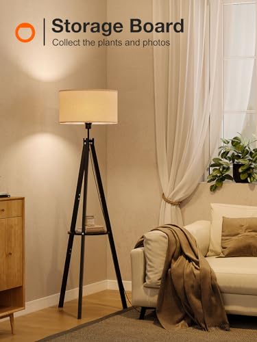 addlon Tripod Floor lamp with Remote, Standing Wood lamp with Shelf and mid Century design - Black