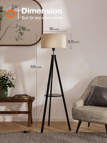 addlon Tripod Floor lamp with Remote, Standing Wood lamp with Shelf and mid Century design - Black