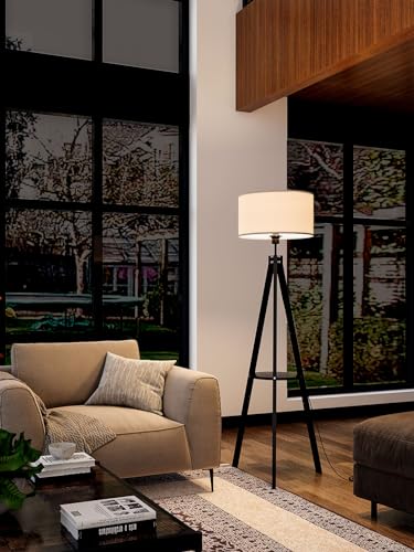 addlon Tripod Floor lamp with Remote, Standing Wood lamp with Shelf and mid Century design - Black