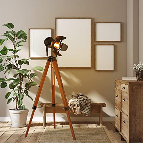 Rustic Vintage Black Wood Tripod Floor Lamp