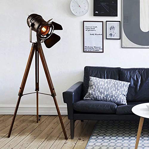Rustic Vintage Black Wood Tripod Floor Lamp