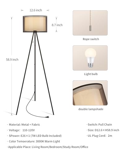 KDG Modern Tall Tripod Floor Lamp with Fabric Lampshade